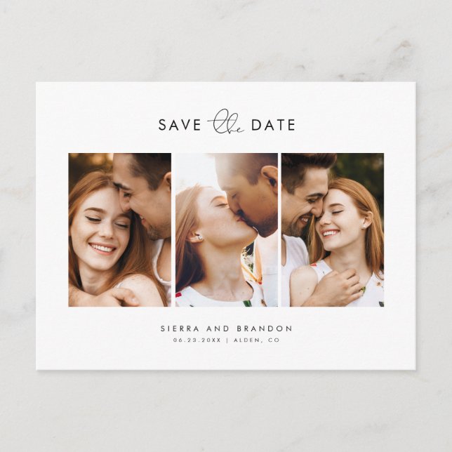 Simple Minimalist 3 Photo Collage Save the Date Ankündigungspostkarte (Vorderseite)