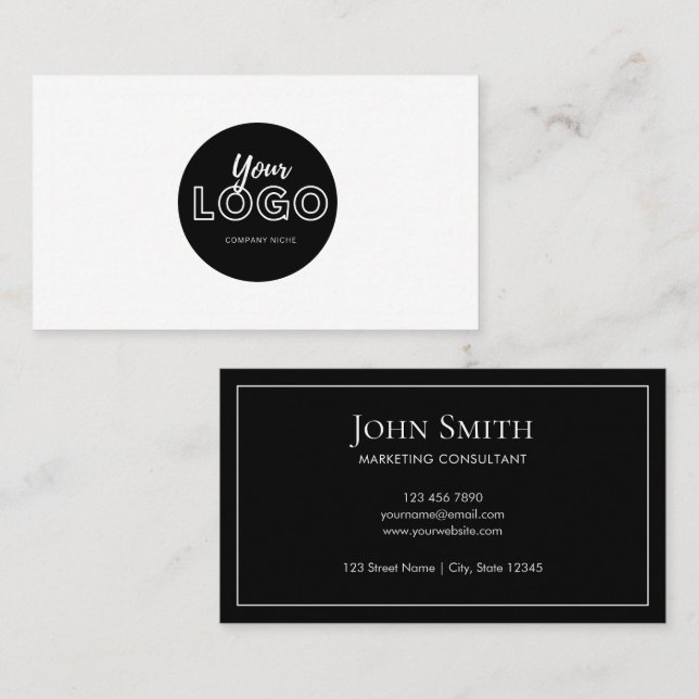 Simple Minimalist Black and White with Logo Visitenkarte (Vorne/Hinten)