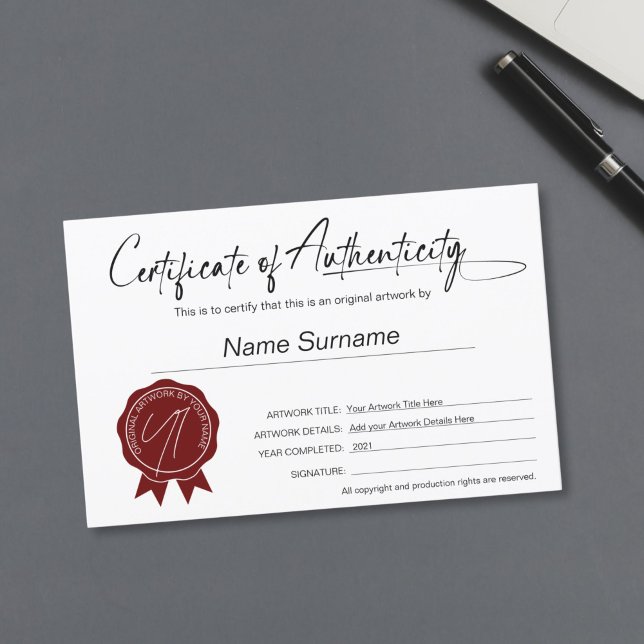 Simple Minimalist Certificate of Authenticity  (simple signature certificate of authenticity COA)