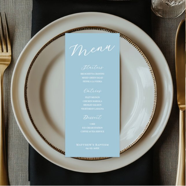 Simple Minimalist Light Blue Menu Card  (light blue baptism menu card, boy baptism menu sign, minimalist baptism menu, script reception menu)