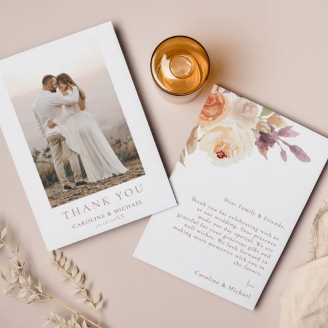 Simple Minimalist Photo Floral Wedding Thank You Dankeskarte (Von Creator hochgeladen)