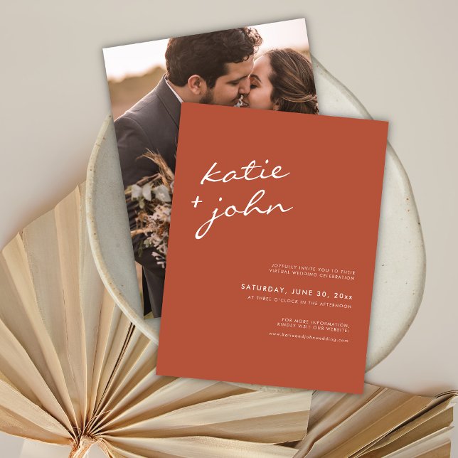 Simple Minimalist Terracotta Virtual Wedding Einladungspostkarte (Von Creator hochgeladen)