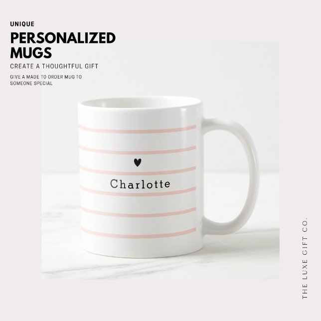 Simple Minimalist Tiny Heart Blush Stripe Monogram Kaffeetasse (Von Creator hochgeladen)