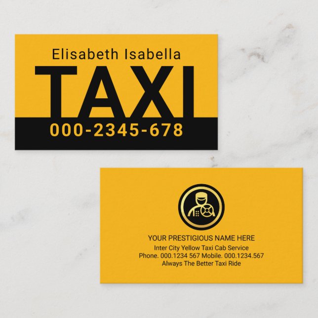 Simple Minimalist Yellow Taxi Service Visitenkarte (Vorne/Hinten)