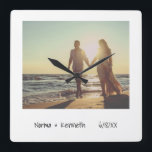 Simple Modern Black and White Newlywed Photo Quadratische Wanduhr<br><div class="desc">Fun wall clock that mimicks the look of an instant photo. This cool wall clock features a minimal design and a filter over your photo to give it an aged, retro look (the filter can be changed or removed by clicking the customize button). Makes a great wedding gift for the...</div>