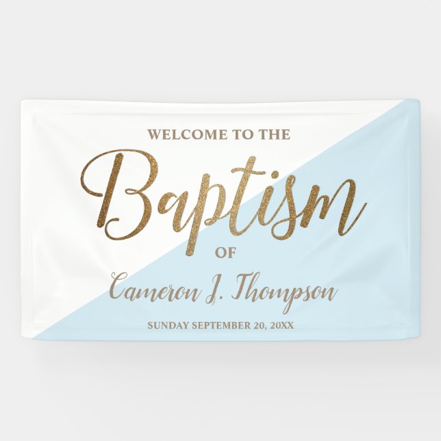 Simple Modern Blue Gold Calligraphy baby Taufe Banner (Horizontal)