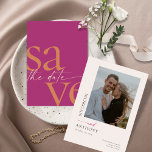 Simple Modern Bold Photo Magenta Orange Save The Date<br><div class="desc">These 5" x 7" save the date cards feature a minimalist design in vibrant orange and cream letters on a magenta background with placeholders on the back for the engaged couple names,  wedding date,  and venue information and your favorite photo!</div>