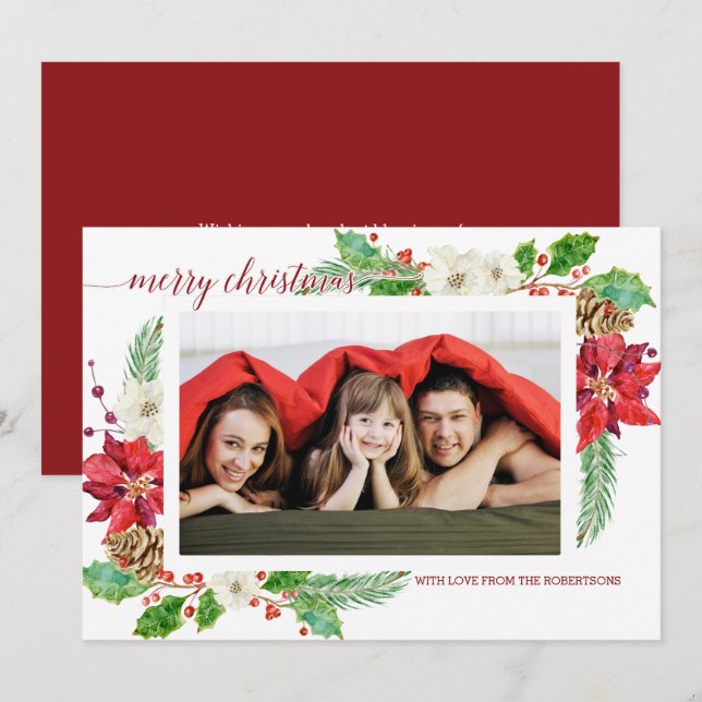 Simple Modern Christmas Poinsettia Floral Holly Einladung (Vorne/Hinten)