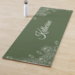 Simple Modern Floral Script Name Olive Green Lotus Yogamatte