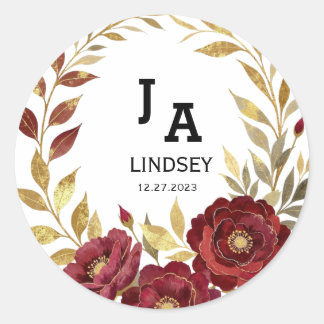 Simple Modern Gold Burgundy Wedding Classic Round Runder Aufkleber