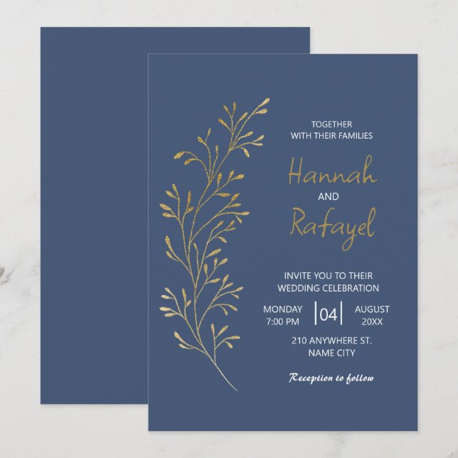 Simple Modern Gold Leaf Blue Wedding Einladung (Vorne/Hinten)