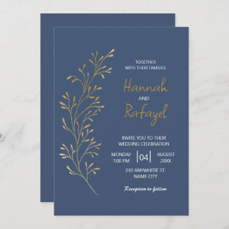 Simple Modern Gold Leaf Blue Wedding Einladung