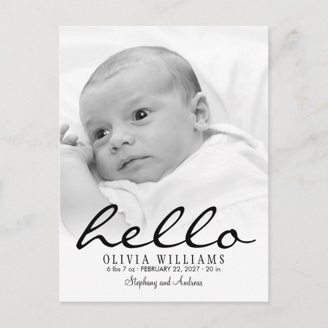 Simple Modern Hello Baby Birth Foto Postcard Ankündigungspostkarte (Vorderseite)