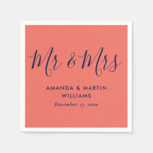 Simple Modern Navy Blue Coral Mr. and Mrs. Wedding Serviette