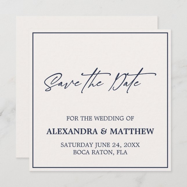 Simple Modern Navy Blue Typografy Save The Date (Vorne/Hinten)