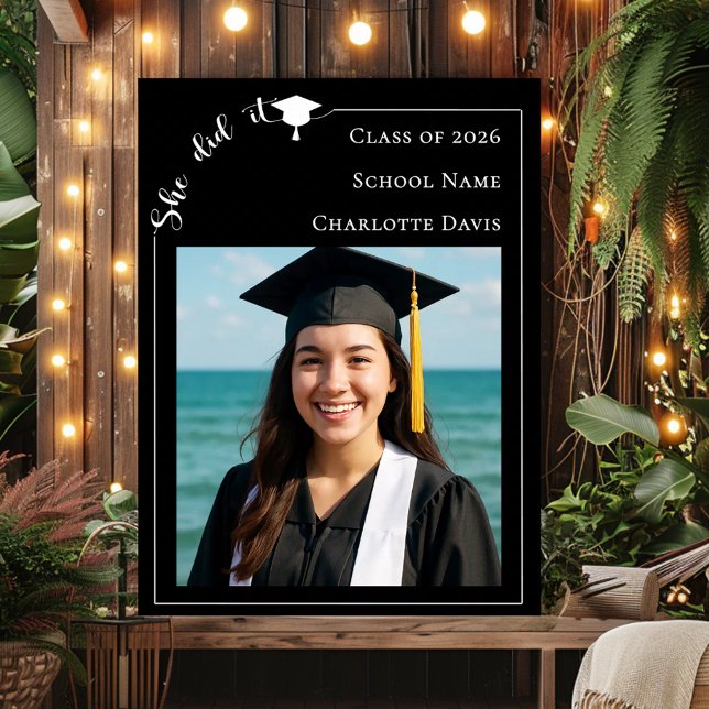 Simple modern photo black Graduation Party welcome Poster (Von Creator hochgeladen)
