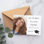 Simple modern photo Graduation Save The Date<br><div class="desc">A photo Save the date card for a graduation. On front: Add your own vertical size photo of the graduate. A chic white background, black text. Templates for a name and date. The name and the text: Save the Date are written with a modern hand lettered style script. With a...</div>