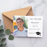 Simple modern photo guy Graduation Save The Date<br><div class="desc">A photo Save the date card for a graduation. On front: Add your own vertical size photo of the graduate. A chic white background, black text. Templates for a name and date. The name is written with a modern hand lettered style script. With a cap, tassel topper. Back: party details....</div>
