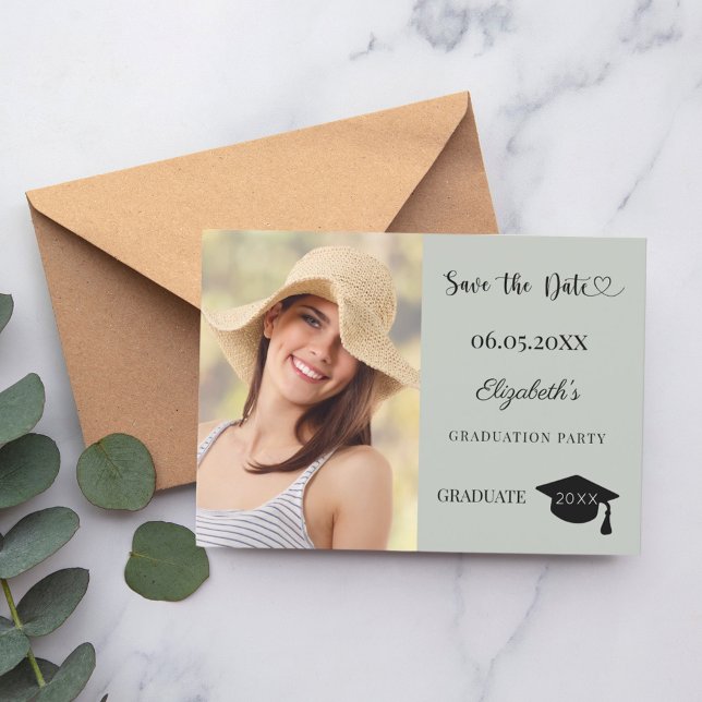 Simple modern photo sage green Graduation Save The Date (Von Creator hochgeladen)