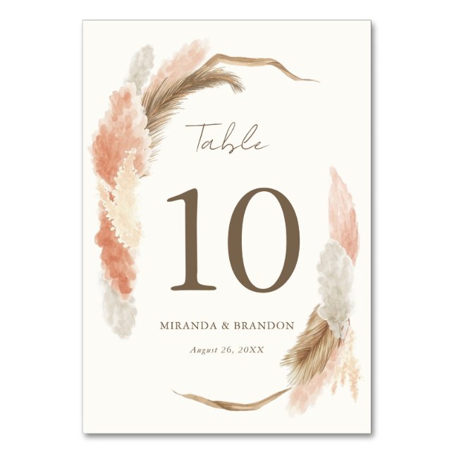 Simple Modern Rustic Pampas Grass Wedding Tischnummer (Vorderseite)