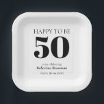 Simple Modern Surprise 50th Birthday Party Pappteller<br><div class="desc">This simple yet modern surprise 50th birthday paper plate is designed with elegance and fun in mind. A bold “50” in classic serif font takes center stage, with “happy to be” above and “welcome to celebrate” with the honoree’s name below, finished with the phrase “cheers, it's no secret.” Set on...</div>