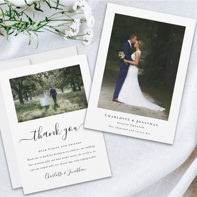 Simple Modern Wedding Photo Dankeskarte (Simple modern wedding photo thank you card Elegant script 2 photos bride & groom message)