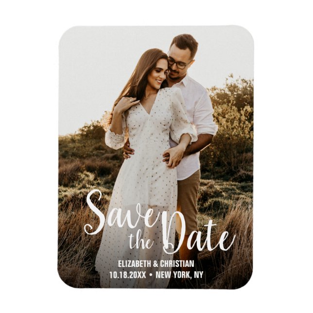 Simple Modern White Script Engagement Photo Magnet (Vertikal)