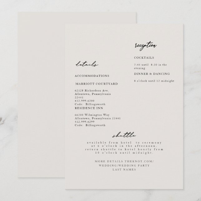 Simple moderne Beige Mariage détails Invitation (Devant / Derrière)