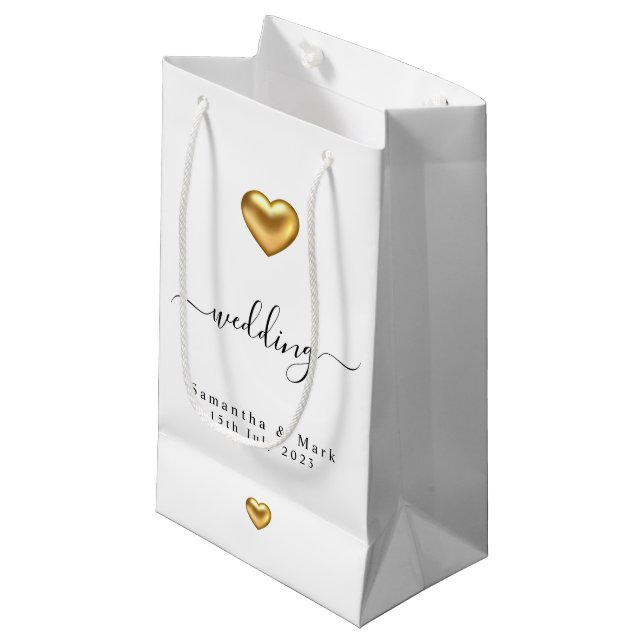 Simple moderne Gold Heart Mariage Petit sac cadeau (Devant Angle)