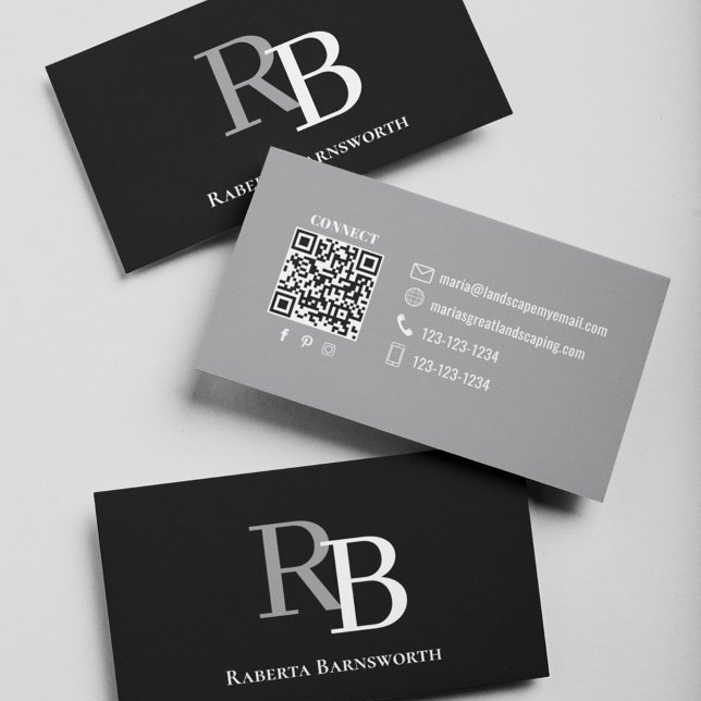Simple Monogram QR Code Black | Connect with Me Visitenkarte (Black and gray business card with simple monogram.)