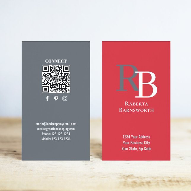 Simple Monogram QR Code Red | Connect with Me Visitenkarte (Red and grey business card with simple monogram.)