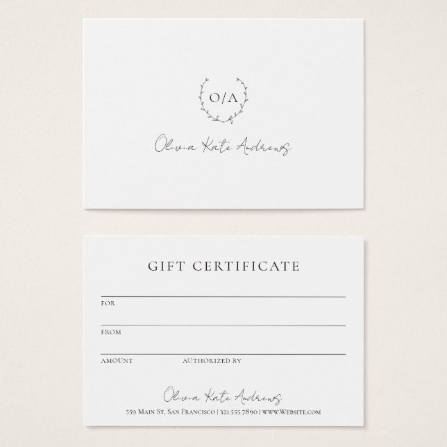 Simple Monogramme Wreath Élégant certificat cadeau (Devant & derrière)