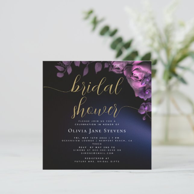 Simple Moody Black Dark Lila Rose Brautparty Einladung (Stehend Vorderseite)