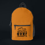 Simple Mountain Art Hiking Backpack Gift Bedruckter Rucksack<br><div class="desc">Hey adventurer! You absolutely HAVE to see this backpack – it's seriously awesome, just like you! This black hiking backpack has such a cool style, and those bright orange side panels? They totally make it pop! And, oh my gosh, the mountain design on the front pocket that says "Snacks Over...</div>