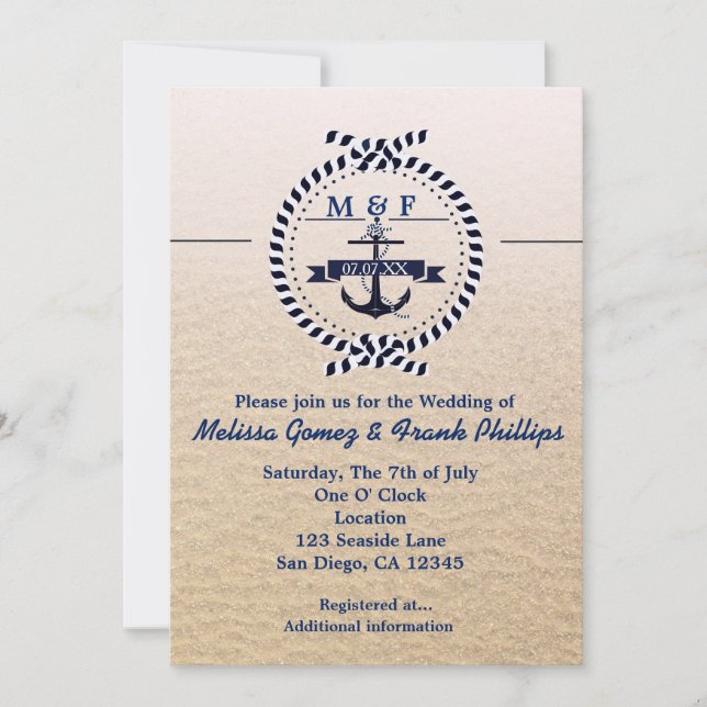Simple Nautique Sandy Beach Wedding Invitation (Devant)