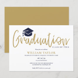 Simple Navy Blue and Gold Script Graduation Party Einladung