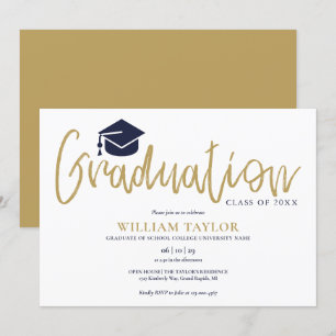 Simple Navy Blue and Gold Script Graduation Party Einladung