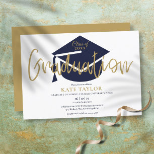 Simple Navy Blue and Gold Script Graduation Party Einladung