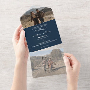 Simple Navy Blue Trendy Foto Wedding All In One Einladung