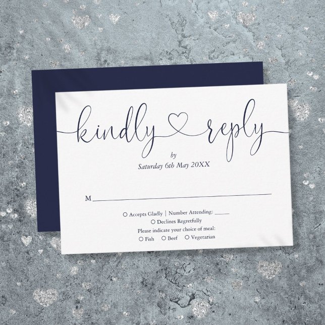 Simple Navy Blue White Script Heart Réponse aimabl (Simple Navy Blue White Script Heart Kindly Reply RSVP Card)