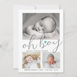 Simple Oh Boy Aquamarin Heart Collage Foto Birth Ankündigung