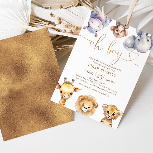 Simple Oh Boy Safari Animals Baby Dusche Einladung (Modern safari baby shower invitation featuring six cute safari animals and faux copper heading.)
