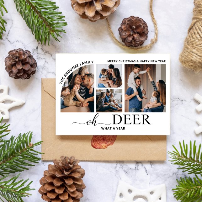 Simple Oh Deer Was für ein Jahr FotoCollage Weihna Karte (oh deer what a year christmas cards photo collage modern reindeer humor)