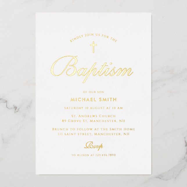 simple or croix moderne baptême invitation (Recto)