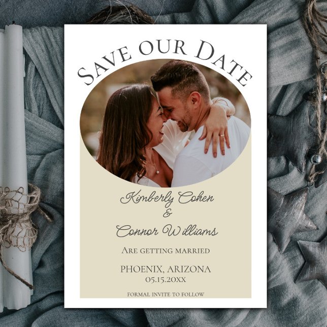 Simple Ovale Photo Save the Date | Beige (Beige Simple Oval Photo Save the Date)