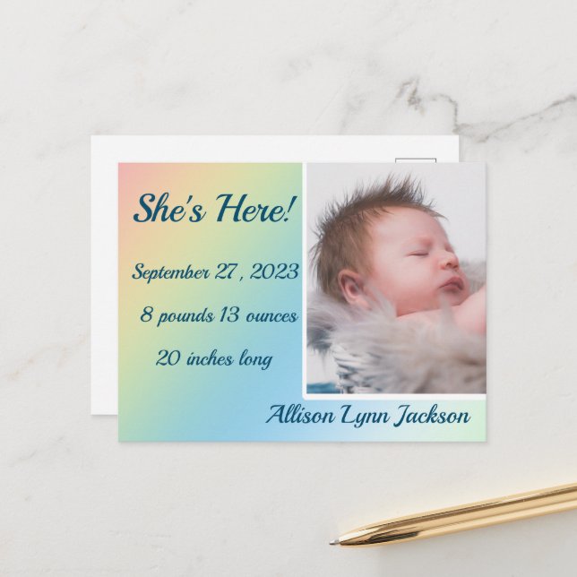Simple Pastel Gradient Birth Annouincement Postkarte (Vorderseite/Rückseite Beispiel)