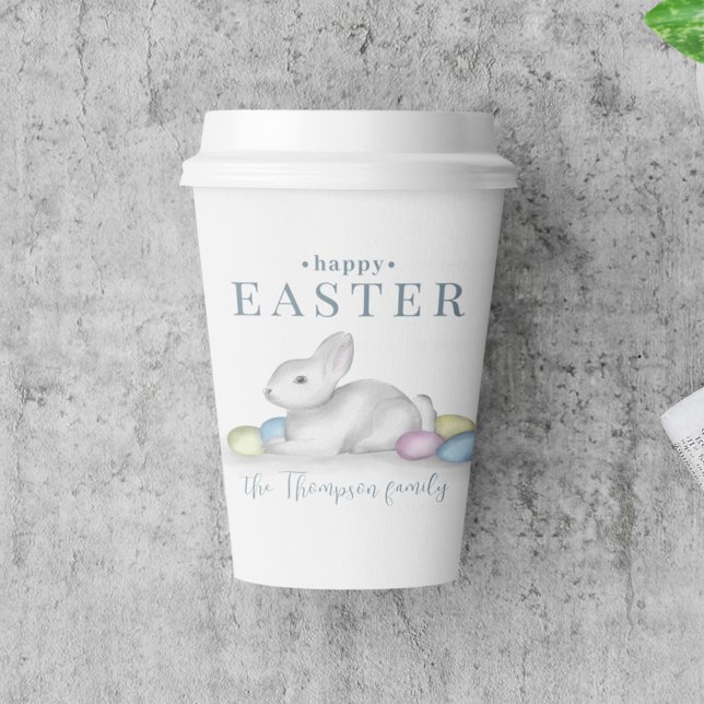 Simple Pastel Happy Oaster Bunny Typografy Pappbecher (Easter watercolor cottontail bunny with easter eggs disposable paper cup.)