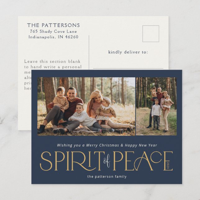 Simple Peace Foto Navy Gold Feiertagspostkarte (Vorne/Hinten)