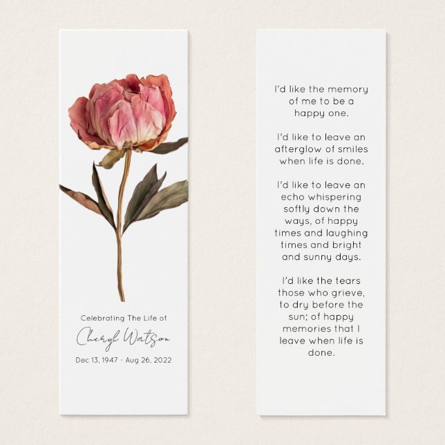 Simple Peony Funeral Memorial Bookmark (Vorne & Hinten)