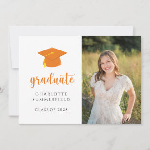 Simple Photo Orange White Graduation Faire-part